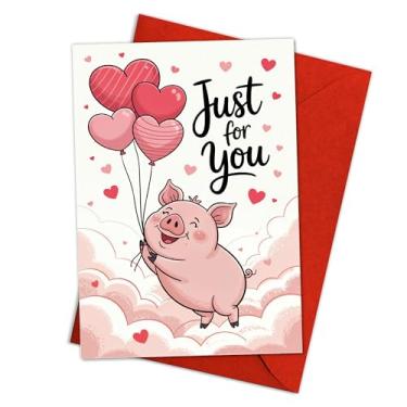 Imagem de Cartão de Dia dos Namorados de Porco Bonito com Balões de Coração, Cartão Adorável Só Para Você, Cartão de Amor de Leitão Rosa para Namorado Namorada Marido Esposa, Doce Romântico Animal Dia dos