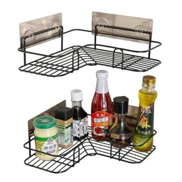Imagem de Prateleiras de Canto para Banheiro e Cozinha com Adesivos, Suporte de Parede em Metal Preto para Shampoo e Condimentos, 2 Níveis