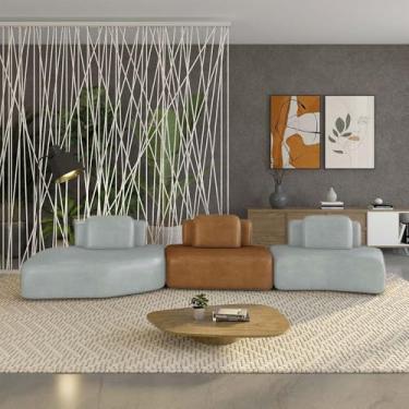 Imagem de Sofá Ilha Sala de Estar Dakota 3 Módulos 484cm Encostos Almofadas Soltas PU Cinza/Caramelo G33 - Gran Belo