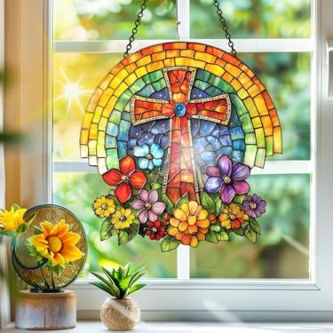 Imagem de Acrílico colorido, apanhadores de sol, decoração de janela suspensa com cruz, arco-íris, arte de parede, para varanda, interior e exterior, jardim, enfeites de Natal, decoração 19 x 19 cm CH#94