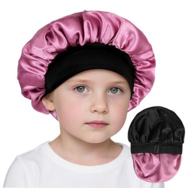 Imagem de Touca infantil de seda para meninas com camada dupla de cetim ajustável (preto e ouro rosa)