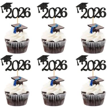 Imagem de Cyodoos 24 peças 2023 bonés de formatura topos de cupcake, palhetas de comida de pós-graduação para decoração de mini bolo de festa de formatura - glitter preto