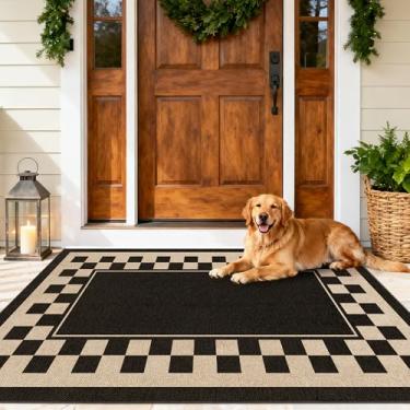 Imagem de JROSING Tapete de juta lavável quadriculado fácil 7,5 x 12,5 cm, preto quadriculado geométrico, para uso externo, pátio, pequeno, bordado, antiderrapante, fino, neutro, tapete para quarto, entrada