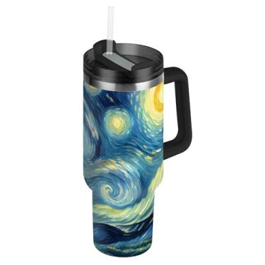 Imagem de Copos com tampa e canudos Torre Starry Night Tumbler com alça 1,134 g Garrafas de água engraçadas isoladas aço inoxidável caneca de café quente para carro