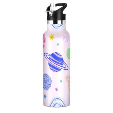 Imagem de Garrafa de água esportiva infantil colorida planetas estrelas rosa claro aço inoxidável isolado a vácuo 600 ml