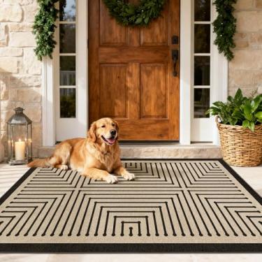 Imagem de Tapete de juta fácil e moderno, lavável, 7,5 x 12,7 cm, preto neutro, geométrico, boêmio, exterior, pátio, área pequena, tapete, tecido, leve, antiderrapante, tapete de porta para quarto, entrada