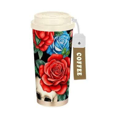 Imagem de TSENQUE Caneca de café de viagem 40 ml com canudo e tampa, revestimento cerâmico isolado a vácuo copo de café de aço inoxidável à prova de vazamento, caveiras rosas vermelhas pretas
