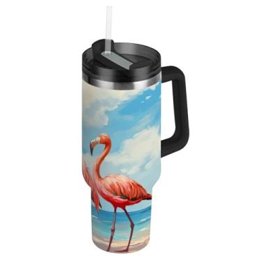 Imagem de Joisal Copo com alça 1,134 g Copos de aço inoxidável com tampa e canudo Garrafa de água à prova de vazamento carros isolados xícara de café bebida quente rosa flamingos praia