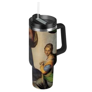 Imagem de Joisal Raphael Painting Sistine Madonna Tumblers com tampas e canudo Termo 1,134 g copo com alça garrafa de água isolada aço inoxidável carros caneca de café bebida quente
