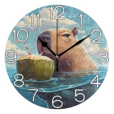 Imagem de GAIGEO Relógio de parede Capybara céu azul analógico decorativo quarto cozinha relógio divertido alimentado por bateria, decoração de parede de sala de estar moderna, 25 cm, ponteiros pretos