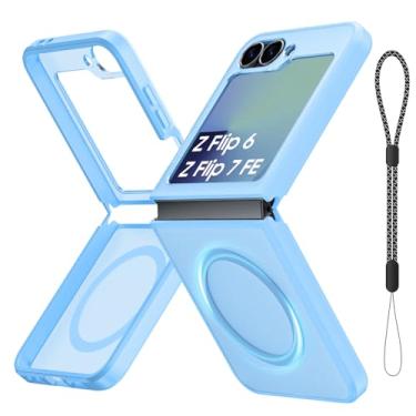 Imagem de Capa magnética para Galaxy Z Flip 7 FE/Galaxy Z Flip 6, compatível com MagSafe [sem protetor de tela] Capa de telefone fina translúcida fosca à prova de choque para Samsung Flip7 FE/ Flip6 (azul de