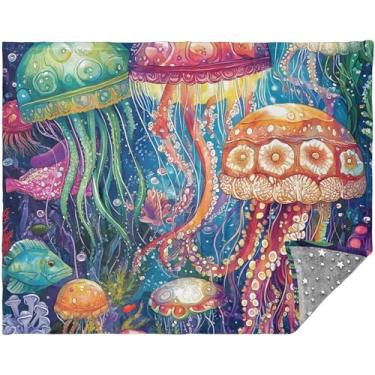 Imagem de TSENQUE Manta de água-viva marinha colorida verde 177,8 cm x 139,7 cm cobertores de sofá de acampamento para mulheres, cobertores e mantas personalizados de folhas