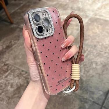 Imagem de Capa protetora de silicone com alça de pulso Dot para iPhone 16, 15, 14, 13, 12, 11 Pro Max Plus, cordão transparente e glitter brilhante, rosa escuro, para iPhone 15