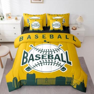 Imagem de Jogo de cama de casal de beisebol infantil em uma bolsa, jogo de beisebol esportivo com lençol para meninos, adolescentes e adultos, silhueta de construção de cidade, conjunto de cama de beisebol