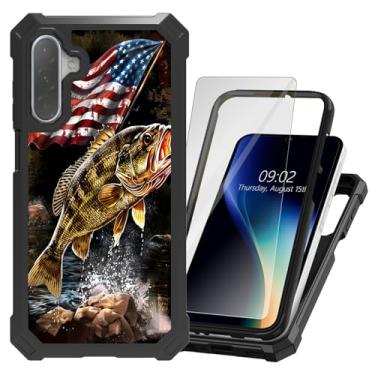 Imagem de Capa para Samsung Galaxy A17 5G/A26 5G com protetor de tela de vidro temperado, camada dupla, híbrida, peixe, bandeira dos EUA, proteção à prova de choque, capa para celular para Samsung A17 5G 6,7