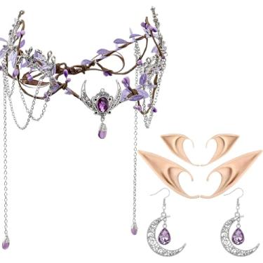 Imagem de MOSTORY Conjunto de acessórios renascentistas medievais - Coroa de elfo viking orelhas de elfo e brincos de lua para mulheres Renfaire Fairy Cosplay, prata-roxo, adjustable