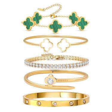 Imagem de Arthur Liu Conjunto de 5 pulseiras empilháveis de flores da sorte, One Size, Aço inoxidável, Zircônia cúbica