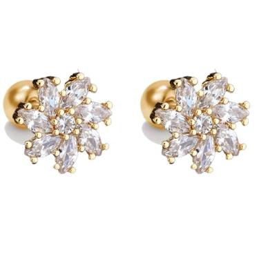 Imagem de Kokoma Brincos de flor de zircônia cúbica de 20 g com parafuso traseiro, brincos de cartilagem floral de cristal Tragus, piercing de barra, concha delicada, joia de orelha, 20g, Aço inoxidável, Sem