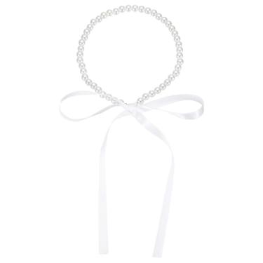 Imagem de PATIKIL Colar de pérolas boho para mulheres com laço de fita branca, gargantilhas ajustáveis na moda, acessórios de moda para festas, casamentos, chás de panela, formatura, presentes de aniversário