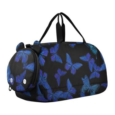Imagem de Bolsa esportiva para meninos com rosas vermelhas e borboletas azuis, bolsas de fim de semana para viagem, academia, bagagem infantil, Borboletas de flor de crisálida azul, Clássico
