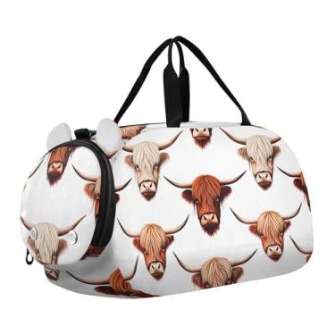 Imagem de Bolsa esportiva para meninos com rosas vermelhas e borboletas azuis, bolsas de fim de semana para viagem, academia, bagagem infantil, Highland Cows Chifres Brancos, Clássico