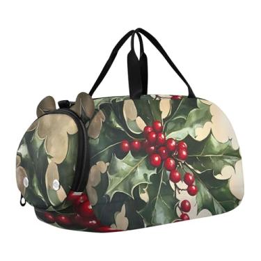 Imagem de Bolsa esportiva de Natal para meninas Highland Cow, bolsa de viagem para fim de semana, compartimento para sapatos noturnos, bolsa esportiva para meninos, Christmas Holly 2, Clássico