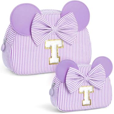 Imagem de QLOVEA Presentes de Natal para netos, bolsa de cosméticos inicial, bolsa de maquiagem de viagem, presentes de aniversário personalizados para crianças, Roxa, T