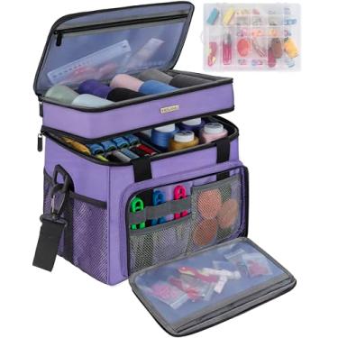 Imagem de FREEAMG Cesta de costura grande com bandeja removível, organizador de acessórios de costura, resistente à água, bolsa organizadora de costura de camada dupla roxa (apenas saco)