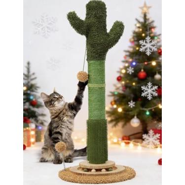 Imagem de OTOB Arranhador De Cacto Para Gatos 36" Altura, Vertical Corda Sisal Natural, Plataforma Giratória Interativa 6 Em 1 Com Brinquedos Bola Macia, Protege Seus Móveis (Verde/Marrom)