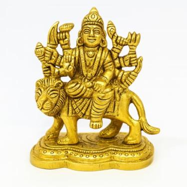 Imagem de Home Genie Brass Goddess Durga Idol – Estátua decorativa de Durga montando leão para templo doméstico, quarto Pooja e decoração espiritual | Sherawali Maa Murti de latão feito à mão