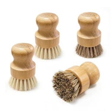 Imagem de Waisul Conjunto de escovas de pratos de bambu, pacote com 4 escovas de pratos e vegetais com sisal natural e fibra de coco, escova de cozinha para panelas, frigideiras, ferro fundido e pratos