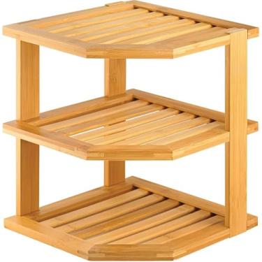 Imagem de wanhaoshangmao Organizador de prateleira de canto de bambu, rack de armazenamento de cozinha de 3 camadas para pratos, tigelas, copos, pratos, madeira natural, 25 x 25 x 28 cm