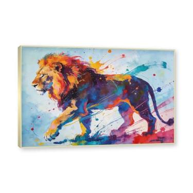 Imagem de NHLDZYH Moldura dourada. Pintura de leão colorida, impressão de arte abstrata vibrante, decoração de parede de animais selvagens e enérgicos, tela contemporânea moderna para quarto, academia, quarto