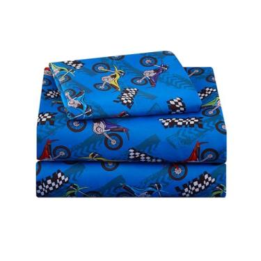 Imagem de Lasoftan Jogo de lençol infantil, solteiro, com estampa de motocicleta, microfibra macia e sedosa respirável
