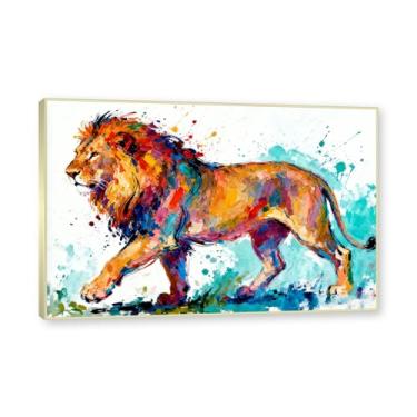 Imagem de NHLDZYH Moldura dourada. Pintura salpicada de leão pintura em tela abstrata arte animal mural vívido chama a atenção para sala de estar decoração moderna para casa. A50. 50 x 75 cm.