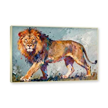 Imagem de Moldura dourada. Arte abstrata de respingos de leão, pintura colorida de animais em tela, decoração de parede expressiva moderna para sala de estar ou escritório. A39. 70 x 105 cm - 27,6 x 41,4 pol.