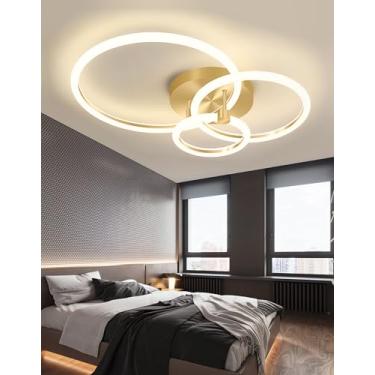 Imagem de Luminária de teto LED moderna com design de anéis, dimerizável e com controle remoto. Ideal para sala de estar, quarto, sala de jantar e escritório. Luminária de acrílico embutida para sala