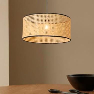 Imagem de Luminária pendente vintage de rattan, soquete E27, para mesa de jantar, teto, abajur de bambu trançado à mão, altura ajustável, ideal para quarto, sala de estar, sala de jantar, corredor e c