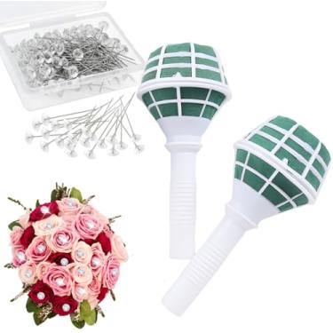 Imagem de 2 peças de suporte de buquê de flores para noiva com 50 peças de alfinetes de buquê floral de espuma para buquê de casamento para arranjos de flores frescas e artificiais, decoração de artigos de