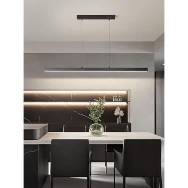 Imagem de Luminária pendente LED para sala de jantar com controle remoto, dimerizável, estilo minimalista moderno, com altura ajustável, ideal para escritório e sala de estudos (preta, 100 cm).