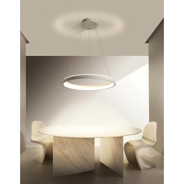 Imagem de Lustre pendente LED moderno com controle remoto, design em anel e altura ajustável, ideal para sala de jantar e cozinha (branco, 40 cm).