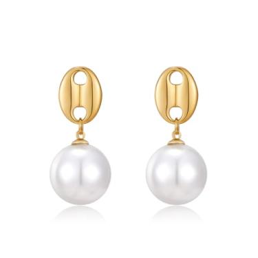 Imagem de AOLIMI Brincos de pérola banhados a ouro 18K para mulheres, brincos de pérola modernos, brincos delicados de casamento, joias, Medium, Aço inoxidável, Sem pedra preciosa
