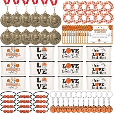 Imagem de Cunno 60 peças presentes de equipe de basquete, 12 medalhas de basquete, 12 elásticos de cabelo, 12 pulseiras, 12 sacos de maquiagem, 12 certificados de prêmio para suprimentos de festa com tema