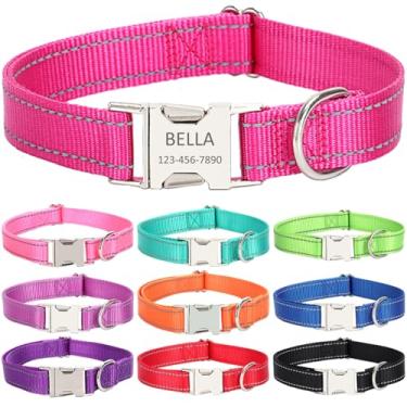 Imagem de Coleira de cachorro personalizada com nome e número de telefone do animal de estimação, coleiras de tamanhos ajustáveis personalizadas com fivela de liberação rápida e anel em D para cães pequenos