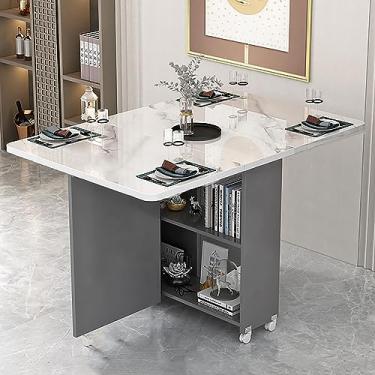 Imagem de Mesa de jantar dobrável, mesa de jantar de folhas caídas com 6 rodas e prateleira de armazenamento de 2 camadas, mesa de jantar e escritório com extensão dobrável dobrável e extensível (Col