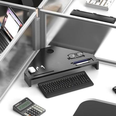 Imagem de Suporte de monitor de canto com corte de madeira maciça, suporte de tela triangular para computador de canto de mesa com slot para caneta e gerenciamento de cabos, organizador de mesa com