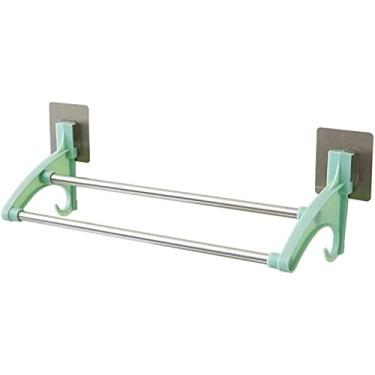 Imagem de HHHJQFAAT Toalheiro Toalheiro sem perfuração Trilho duplo de barra de toalha de banheiro, suporte organizador de armazenamento com 2 ganchos Prateleira de toalha de banheiro de 42 cm