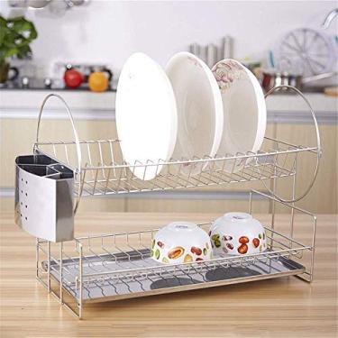 Imagem de U5GAAALPPQ9 Escorredor de pratos de 2 camadas com acabamento cromado com bandeja escorredor de pratos com suporte de utensílios escorredor de copos (cor: prata tamanho: 51 x 23 x 33 cm) rack de tigela