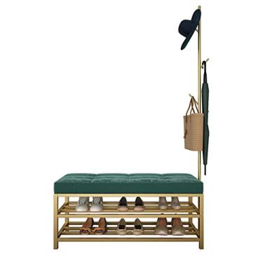 Imagem de Sapateira para banco de sapatos de entrada, sapateira com prateleira de malha, banco de armazenamento longo com almofada acolchoada, organizador de sapatos de metal com cabideiro, entrada sala de