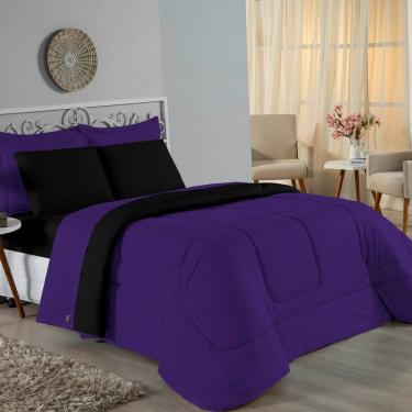 Imagem de Kit Edredom Dupla Face + Jogo De Lençol Casal Viúva Nobre 7 Peças Malha 100% Algodão - Roxo / Preto